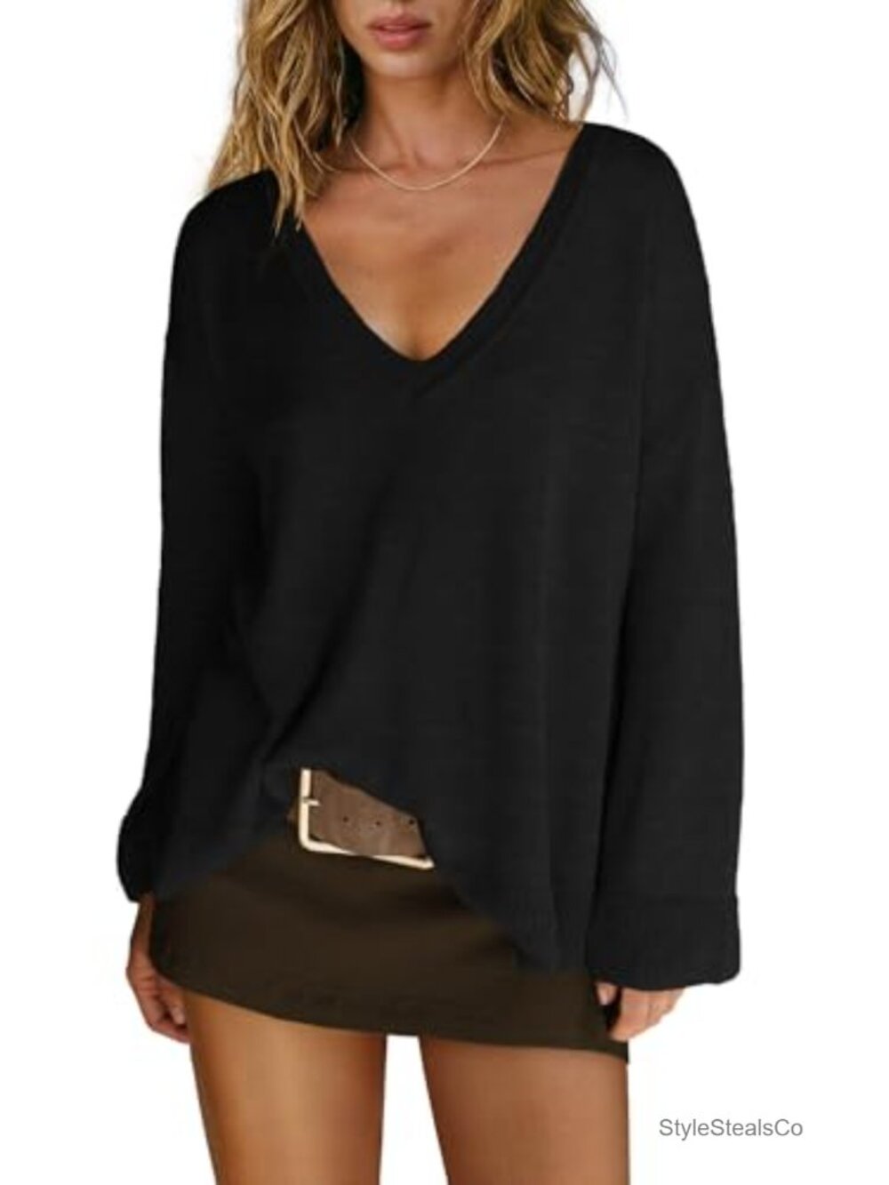 Women's Off Shoulder V-Neck Oversized Sweater Reversible Knit Pullover